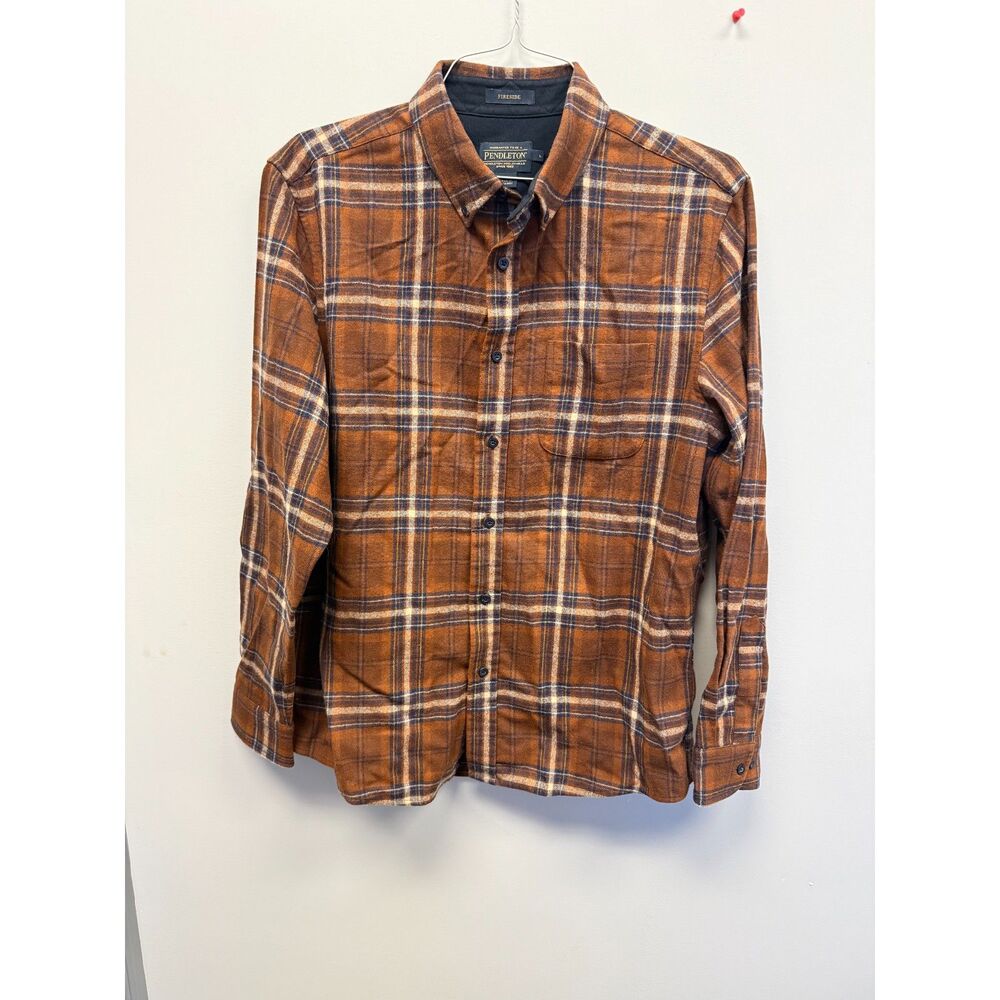 Pendleton Fireside Flannel Shirt Mens L Brown Plaid 100% Virgin Wool Button Up